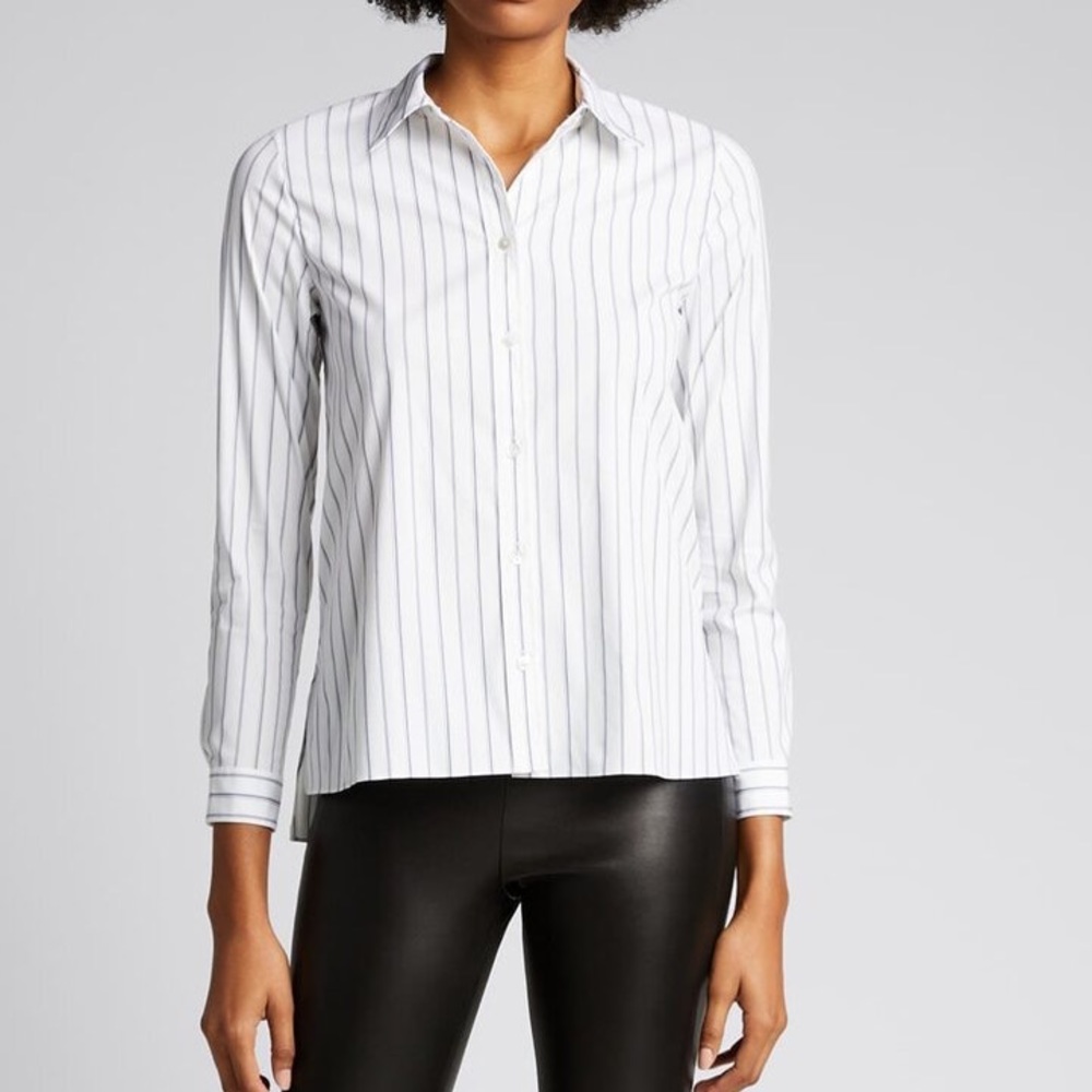 Theory long sleeve trapeze striped button up shirt hi-lo hem workwear